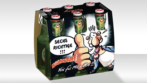 Flensburger Bier im Sixpack mit der Comic-Figur "Werner". © Flensburger Brauerei 