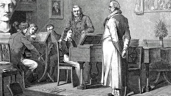 Felix Mendelssohn Bartholdy spielt bei Johann Wolfgang von Goethe auf dem Klavier vor. Felix Mendelssohn Bartholdy spielt bei Johann Wolfgang von Goethe auf dem Klavier vor. © dpa Foto: Bifab