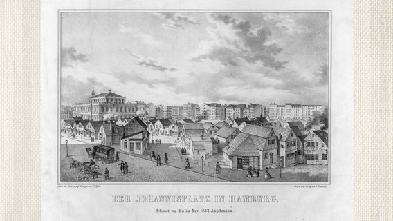 Notwohnungen auf dem Johannisplatz vor der neue Börse nach dem Großen Brand 1842 in Hamburg  