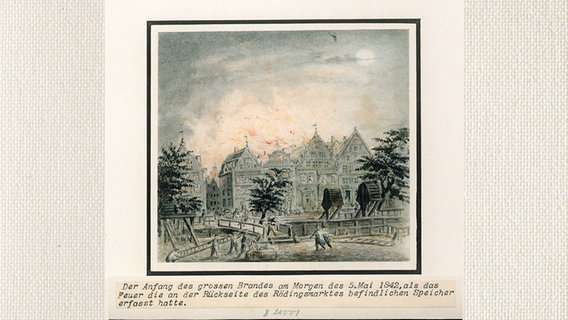 Blick auf brennende Häuser am Rödingsmarkt während des großen Brandes 1842 in Hamburg  