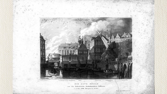 Blick auf den Kran und die alte Börse während des großen Brandes 1842 in Hamburg  