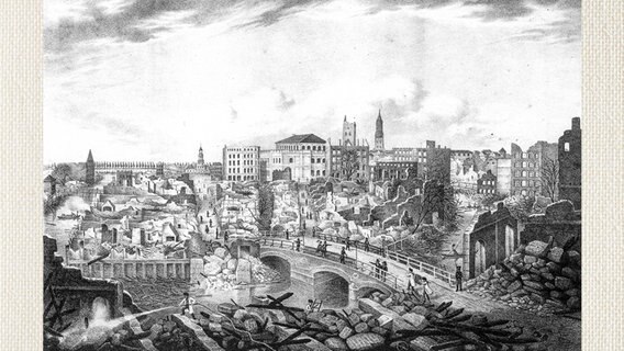 Trümmer der Schliekuths-Bürcke und die Neue Börse kurz nach dem Großen Brand in Hamburg 1842.  