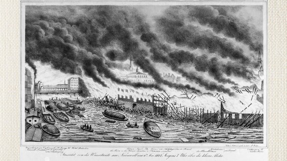 Blick von der Wassertwiete über die Kleine Alster am Morgen des 6. Mai während des Großen Brandes in Hamburg 1842  