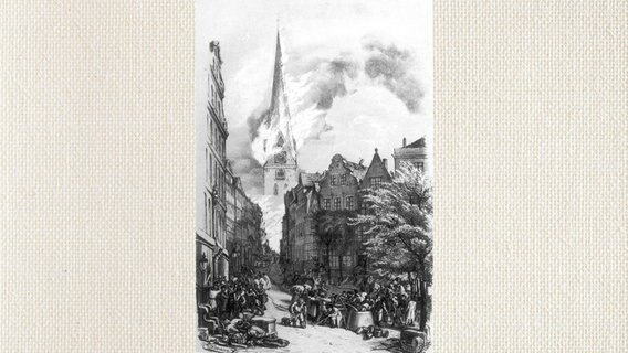 Blick vom Fischmarkt auf die brennende Petrikirche während das Großen Brandes in Hamburg 1842. Zeichnung von Otto Speckter.  