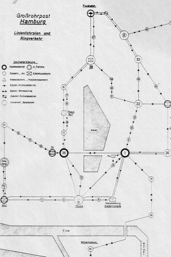 Erster Entwurf eines Linienplans für die Hamburger Großrohrpost von 1959. © Hamburger Unterwelten e.V. 