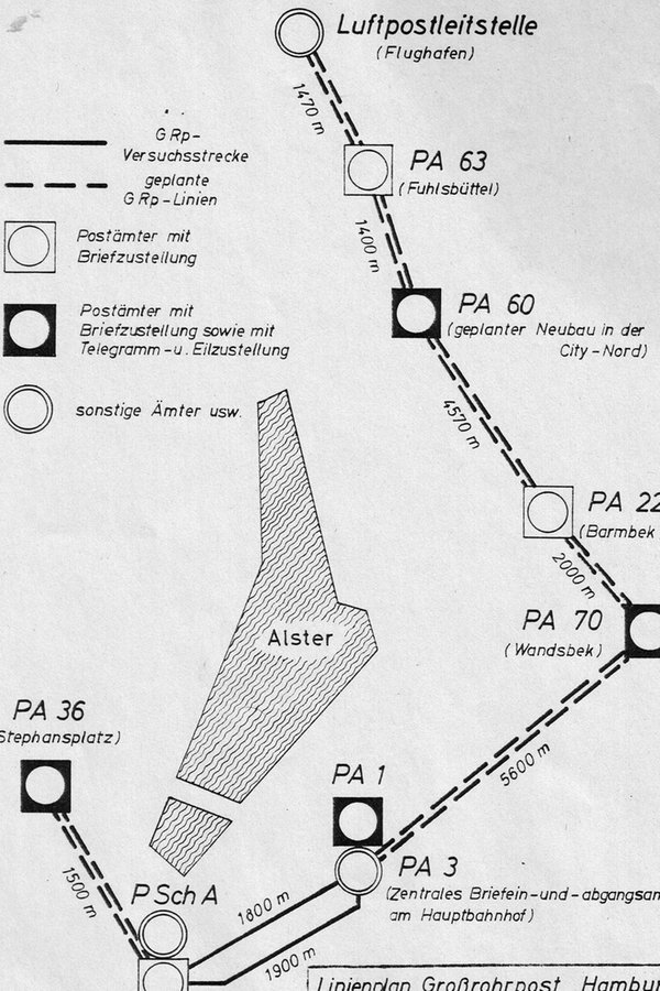 Letzter Netzplan für die Hamburger Großrohrpost von 1967. © Hamburger Unterwelten e.V. 