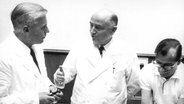 Prof. Dr. Alfred Gütgemann (M), links der Pathologe und rechts ein Helfer präsentieren der Presse 1969 eine entfernte krebsbefallene Leber. Einem 30-jährigen Patienten wurde am 18. Juni 1969 in der Bonner Universitätsklinik eine neue Leber transplantiert. © picture-alliance / dpa 