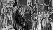 Demokratisch-republikanische Massenkundgebung auf der Maxburg in Hambach an der Weinstraße, Szene während des Hambacher Festes im Mai 1832. Holzstich um 1880. © picture-alliance / akg-images | akg-images 