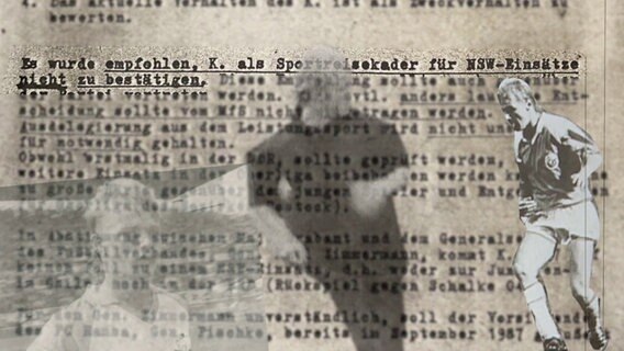 Montage: Ausgeschnittene Schwarz-Weiß-Fotos von Fußballern liegen auf einem Stasi-Bericht. © NDR 