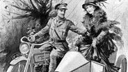 Ausschnitt eines Werbe-Plakats von 1915, das einen Soldaten auf einer Harley-Davidson zeigt, der seine Freundin auf dem Sozius mitnimmt. © picture-alliance / Mary Evans Picture Library 