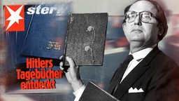 "Stern"-Reporter Gerd Heidemann präsentiert im April 1983 die vermientlichen "Hitler-Tagebücher", im Hintergrund das Titelblatt des "Stern" mit der Titelzeile "Hitlers Tagebücher entdeckt" (Montage) © NDR 