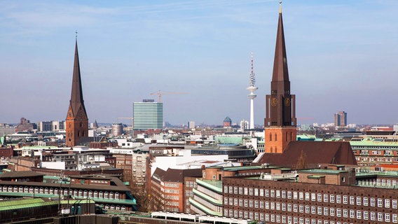 Stadtpanorama mit den Kirchtürmen von St. Petri (l.) und St. Jacobi in Hamburg © imago/HRSchulz 