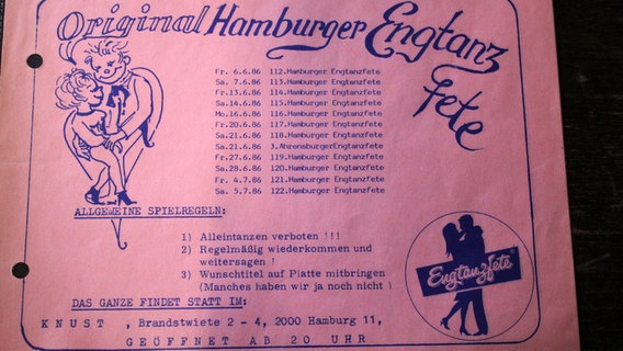 Flyer für Engtanzfeten im Musikclub Knust in Hamburg von 1986. © NDR Foto: Heiko Block