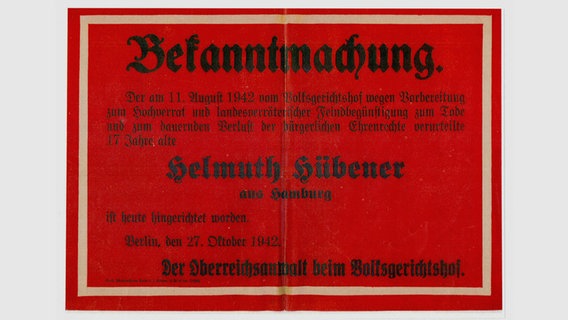 Hinrichtungsanzeige des Widerstandskämpfers Helmuth Hübener aus Hamburg © Archiv VVN-BdA Hamburg / Ulrich Sander 