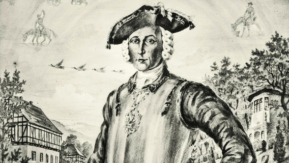 Historische Porträtzeichnung des Barons Hieronymus von Münchhausen. im Hintergrund Szenen aus seinen Erzählungen. © picture alliance  / akg-images 