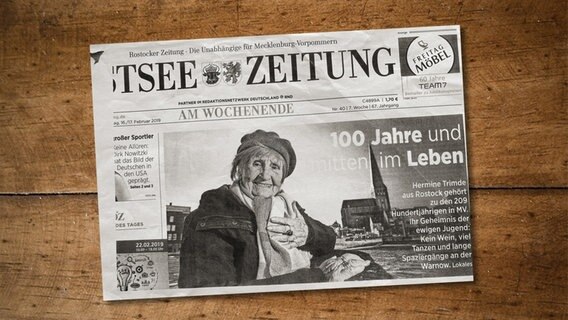 Artikel in der "Ostsee Zeitung" über Hermine Trimde aus Rostock anlässlich ihres 100. Geburtstags. © Privat 