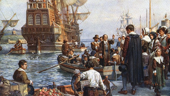 Die Pilgerväter besteigen die 'Mayflower' für ihre Reise nach Amerika © Photo12/Ann Ronan Picture Librar 