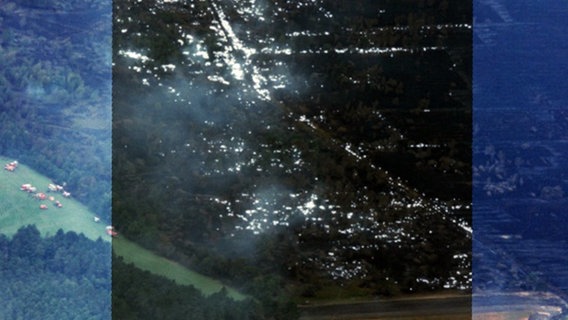 Ein infrarotes Luftbild ist über eine Luftaufnahme der Bundeswehr gelegt und zeigt Glutnester im Moor auf dem Waffentestgelände bei Meppen. © picture alliance | dpa Foto: Luftwaffe | Bundeswehr