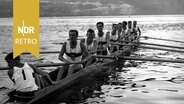 Der Deutschland-Achter mit Goldmedaillen, v.li.: Steuermann Willi Padge, Manfred Rulffs, Walter Schröder, Frank Schepke, Kraft Schepke, Moritz von Groddeck, Karl Heinz Hopp, Klaus Bittner, Hans Lenk, 03.09.1960. © IMAGO / Horstmüller 