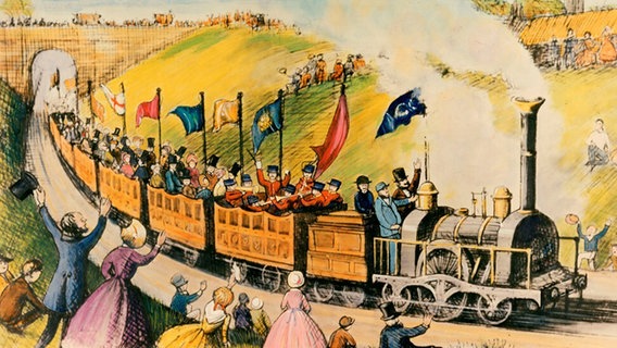 Zeitgenössische Darstellung der Zugfahrt von 1841, organisiert von Thomas Cook, mit der er einige Hundert Menschen zu einem Abstinenzlertreffen brachte und damit veranstalte, was vielen als erste Pauschalreise gilt. Zeitgenössische Darstellung der Zugfahrt von 1841, organisiert von Thomas Cook, mit der er einige Hundert Menschen zu einem Abstinenzlertreffen brachte und damit veranstalte, was vielen als erste Pauschalreise gilt. © picture alliance / dpa | Thomas Cook