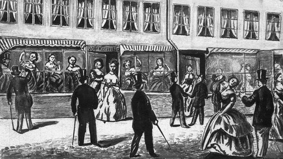 Szene mit Prosituierten und Kunden in der Hamburger Herbertstraße im 19. Jahrhundert. Federzeichnung, laviert, undatiert und unbezeichnet. © picture-alliance / akg-images 