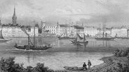 Blick über den Rhein auf die Düsseldorfer Innenstadt mit Lambertuskirche - Stahlstich um 1850 von Georg Michael Kurz (1815-1883) nach Ludwig Rohbock. Berlin, Slg. Archiv für Kunst & Geschichte. © picture-alliance / akg-images 
