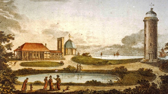 Küste in Cuxhaven mit Leuchtturm und Warm-Badehaus um 1816 © Stadtarchiv Cuxhaven 