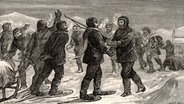 Britische Arktis-Überlandexpedition unter der Leitung von Sir John Franklin (1786–1847) 1819–1822. Von George Back geschickte nordamerikanische Indianer kamen in "Fort Enterprise" an, um den hungernden Franklin, Richardson, Hepburn und ihren drei überlebenden Gefährten zu helfen. Kupferstich aus "Heroes of Britain" von Edwin Hodder (London, um 1880). © picture alliance / World History Archive 