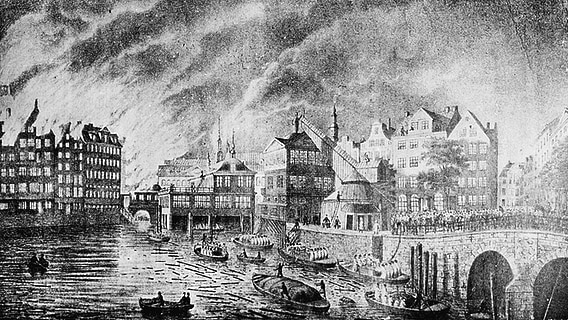 Der große Brand von Hamburg 1842 mit Blick vom Grimm auf das Rathaus und die alte Börse. Lithografie von Peter Suhr (1788-1857). © picture-alliance / akg-images 