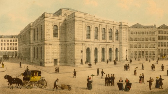 Gebäude der Handelskammer Hamburg am Adolphsplatz um 1841 auf einer historischen Postkarte. © Handelskammer Hamburg Archiv 