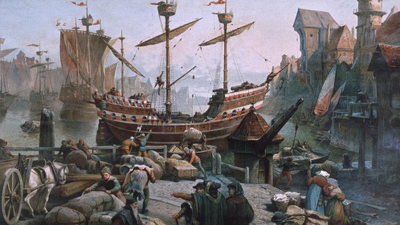 Mittelalterliche Szene im Hafen einer Hansestadt (Farblithographie) © picture-alliance / akg-images 