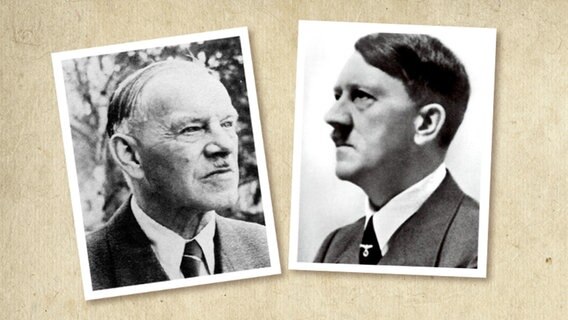 Porträtfotos von Alois Hitler junior und seinem Halbbruder Adolf © Hans-Peter de Lorent: "Täterbilder". Foto: Hintergrund: Fotolia, Sdaboost