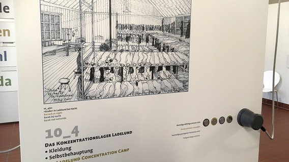Auf einer Informationstafel der KZ Gedenkstätte Ladelund ist eine Zeichnung eines ehemaligen Häftlings zu sehen, die zeigt, wie wenig Platz die Männer in den überfüllten Stuben zum Schlafen hatten. © Ausstellung der KZ-Gedenkstätte Ladelund Foto: Bettina Meier