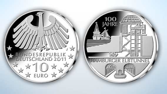Vorder- und Rückseite der 10-Euro-Gedenkmünze "100 Jahre Hamburger Elbtunnel". © Bundesministerium der Finanzen 