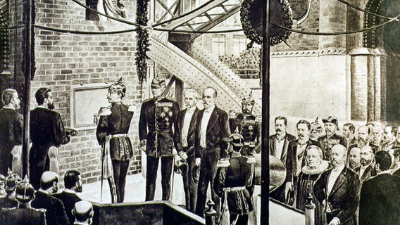 "Schlusssteinlegung durch Kaiser Wilhelm II. an der Brooksbrücke, 29. Oktober 1888" ist der Titel der Grafik von G. Arnould aus dem Jahre 1888. © picture-alliance / dpa/dpaweb Foto: Deutsches Zollmuseum