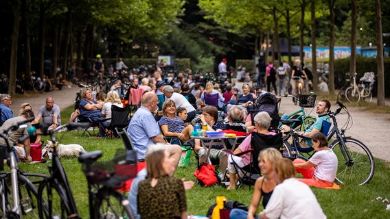 Menschen hören sich im Sommer 2020 das Konzert von Johannes Oerding auf einer anliegenden Wiese im Hamburger Stadtpark an. © picture alliance / xim.gs Foto: xim.gs / Philipp Szyza