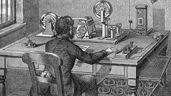 Ein Mann am Morsegerät, Holzstich (um 1860) © picture-alliance / akg-images Foto: akg-images