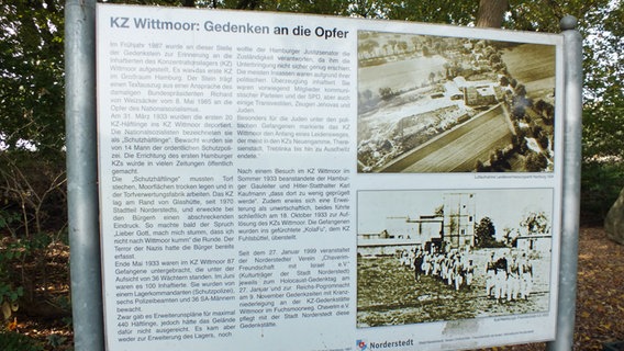 Eine Infotafel schildert die Geschichte des KZ Wittmoor im Jahr 1933.  Foto: Marc-Oliver Rehrmann