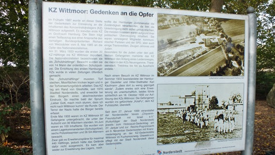 Eine Infotafel schildert die Geschichte des KZ Wittmoor im Jahr 1933. © NDR Foto: Marc-Oliver Rehrmann