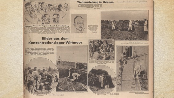 Fotos eines Zeitungsartikels im "Hamburger Fremdenblatt" vom 4. Juni 1933 zeigen das Leben im KZ Wittmoor.  
