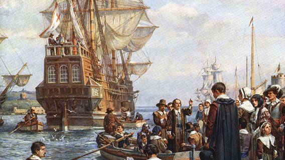 Gemälde von Bernard Gribble zeigt eine Szene vor der Abfahrt der "Mayflower" im Hafen von Plymouth © picture alliance/Photo12 