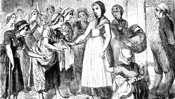 Darstellung Amalie Sievekings, die armen Frauen hilft, auf einem historischen Stich aus dem 19. Jahrhundert. Darstellung Amalie Sievekings, die armen Frauen hilft, auf einem historischen Stich aus dem 19. Jahrhundert. © imago/imagebroker