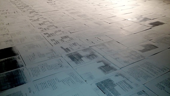 Zahlreiche kopierte Stasi-Dokumente liegen sauber sortiert auf dem Boden. © NDR Foto: Josy Wübben