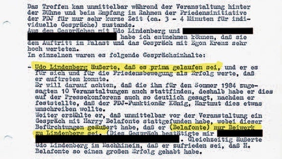 Auszug aus den Stasi-Akten über Udo Lindenberg © BStU 
