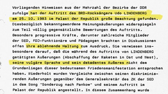 Auszug aus den Stasi-Akten über das Udo-Lindenberg-Konzert 1983 in Ost-Berlin © BStU 