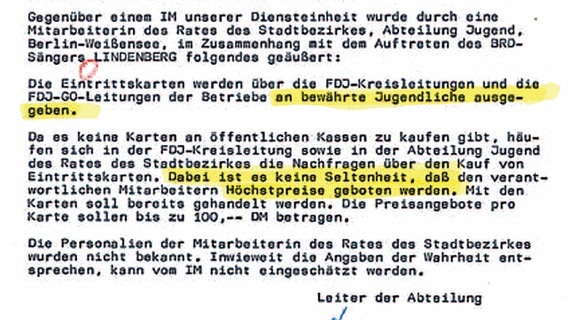 Auszug aus den Stasi-Akten über das Udo-Lindenberg-Konzert 1983 in Ost-Berlin © BStU 