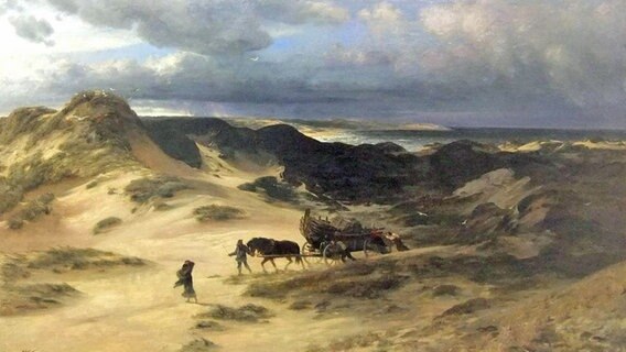 Strandräuber ziehen einen Wagen mit Strandgut durch die Dünen (Gemälde von Hinrich Wrage).  