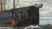 Verlegung des transatlantischen Kabels 1866: Hebung des 1865 verloren gegangenen Kabels durch den britischen Dampfer "Great Eastern" und das Setzen einer Markierungsboje an der Position des Kabels auf einem später kolorierten Holzstich. Aus: Louis Figuier, Description Populaire des Inventions, 1877. © picture alliance / akg-images | akg-images 