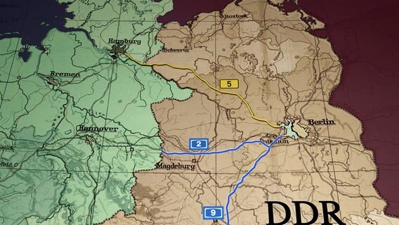 Karte des Verlaufs der einstigen Fernverkehrsstraße 5 durch die Bundesrepublik und die damalige DDR. © NDR /jumpmedientv GmbH Foto: -