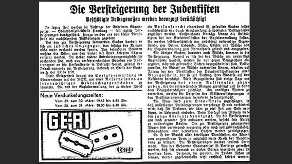 Artikel im "Hamburger Anzeiger" vom 29. März 1941, der für die Versteigerung von jüdischem Umzugsgut wirbt.  